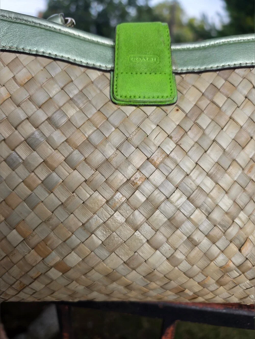 Vintage  Coach Woven Straw Satchel, Green Suade Leather.2004